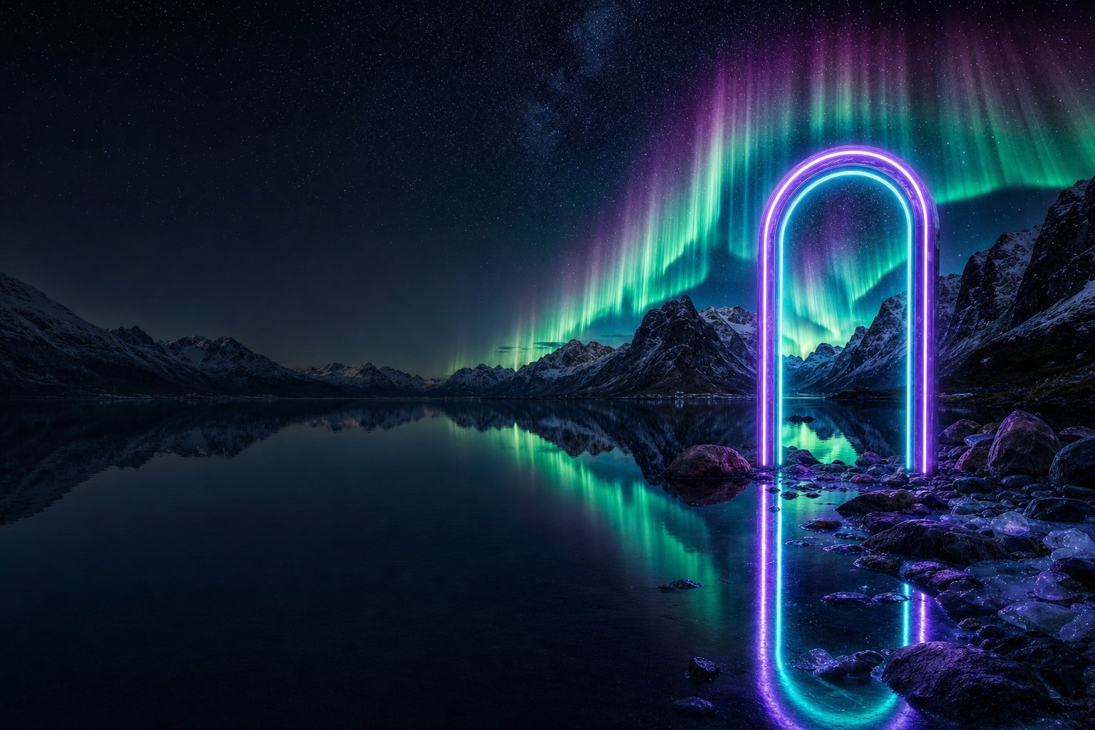 Neonport i violet og cyan på en frossen strand under grønt nordlys, spejlet i vandet (AI-genereret billede)