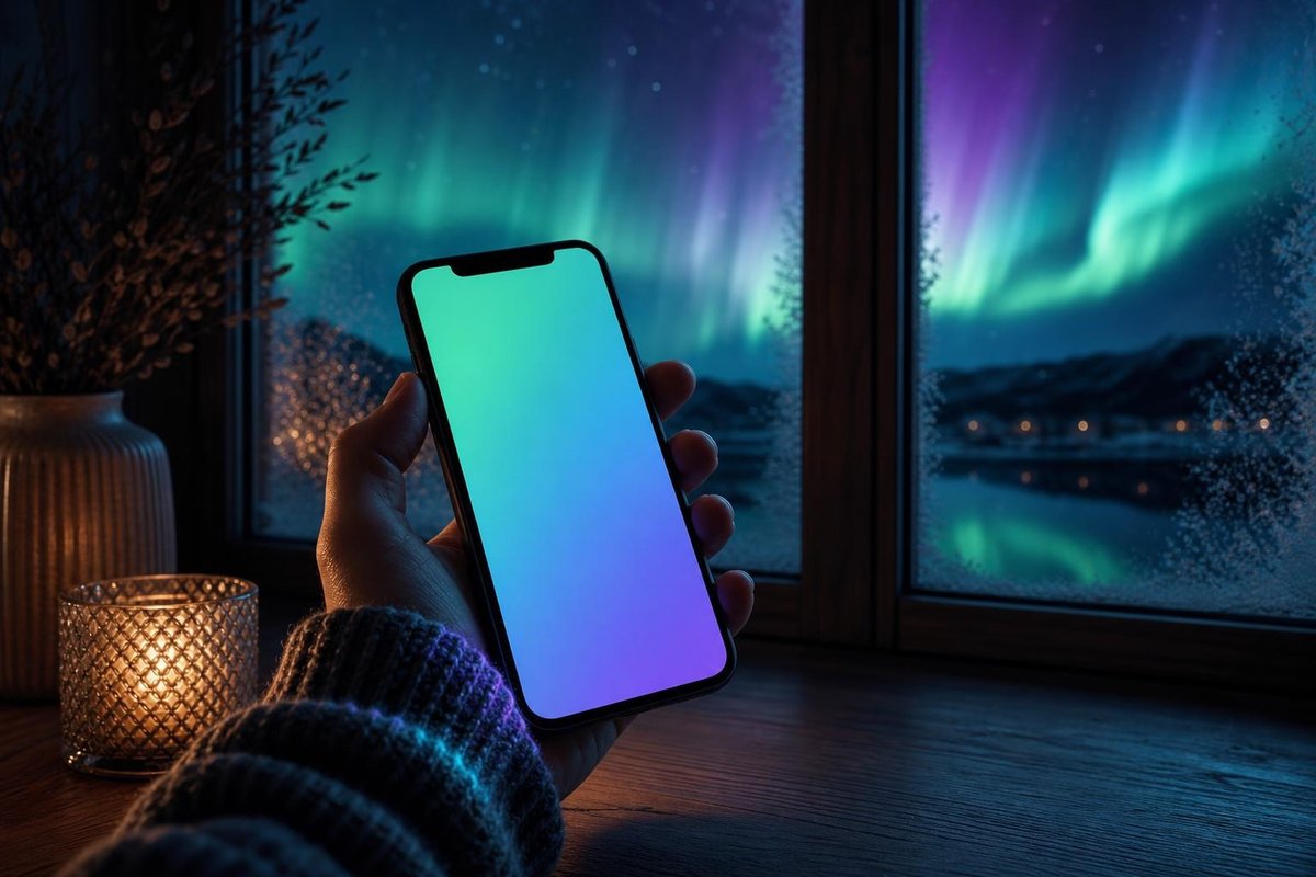 Hånd med en mobiltelefon med blank skærm på et dansk træbord ved et frostet vindue om natten (AI-genereret billede)