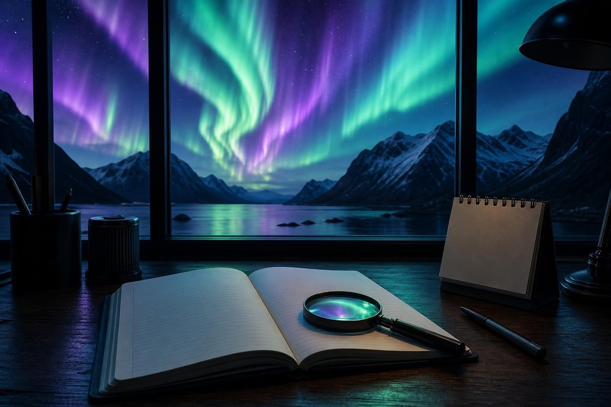 Åben protokol med lup og en lille bordkalender på et skrivebord foran et vindue med nordlys over en fjord (AI-genereret billede)