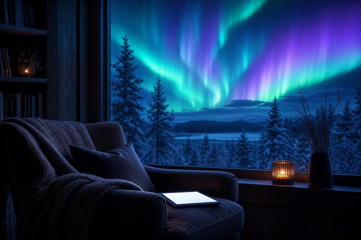 Lænestol med uldtæppe ved et stort vindue, en tablet med blank skærm på armlænet og nordlys over en snedækket skov (AI-genereret billede)