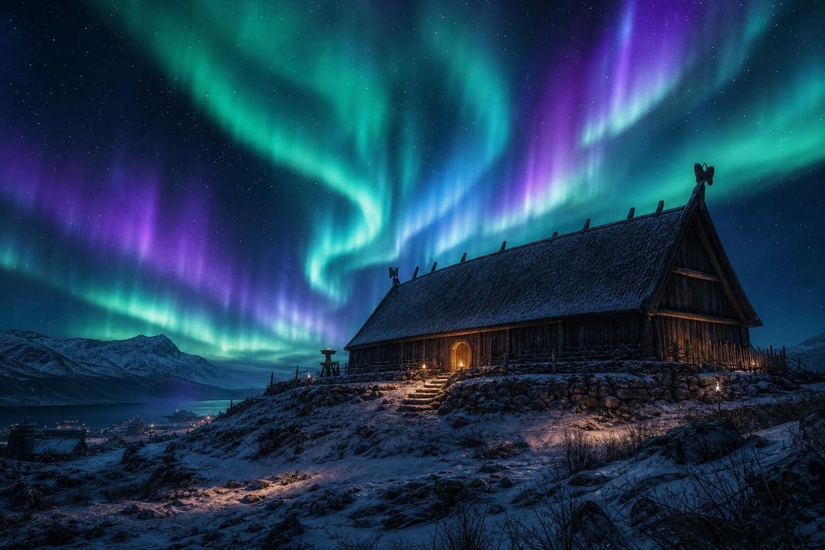 Rekonstrueret vikingelanghus på en bakke om natten under kraftigt grønt nordlys og sne (AI-genereret billede)