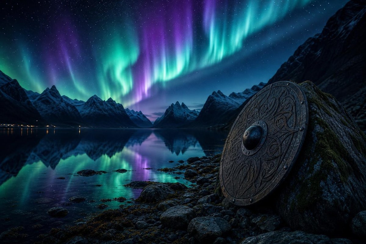 Udskåret rundt træskjold op ad en sten ved en fjord under kraftigt nordlys, der spejler sig i vandet (AI-genereret billede)
